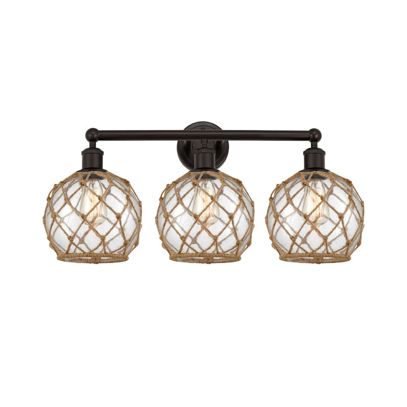 Innovations Farmhouse Rope 26in 3-Light Bath Vanity | Industrial Oil Rubbed Bronze Steel and Clear Glass with Brown Rope | Model 616-3W-OB-G122-8RB