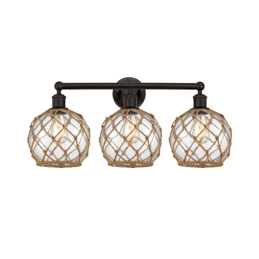 Innovations Farmhouse Rope 26in 3-Light Bath Vanity | Industrial Oil Rubbed Bronze Steel and Clear Glass with Brown Rope | Model 616-3W-OB-G122-8RB