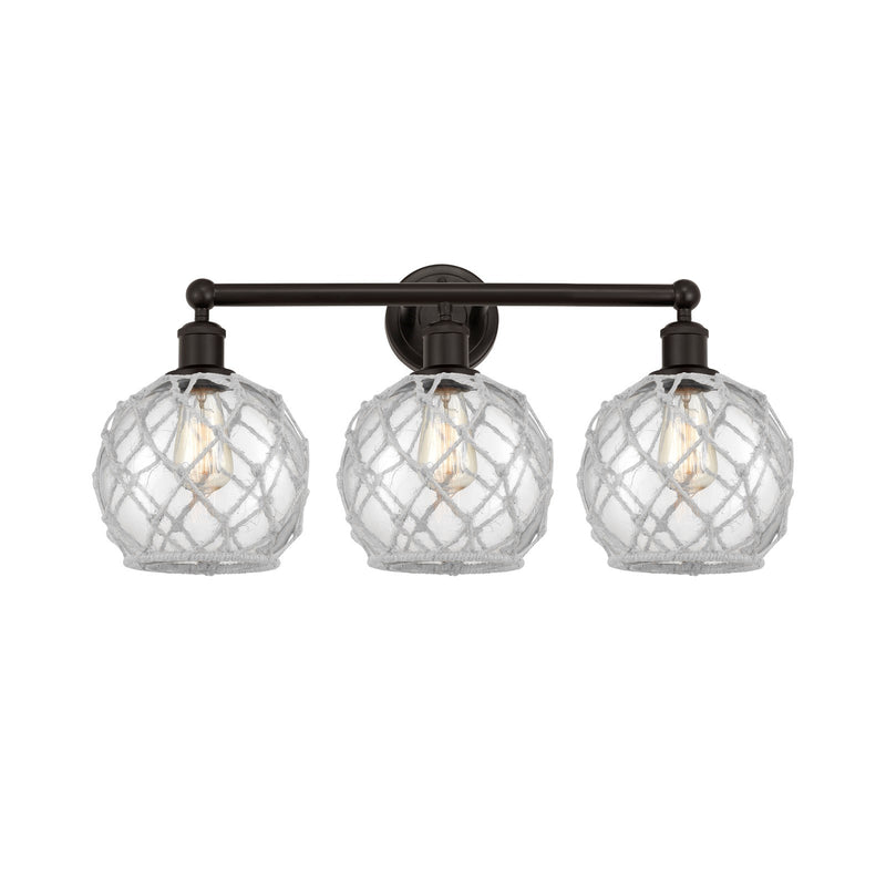 Innovations Farmhouse Rope 26in 3-Light Bath Vanity Light | Industrial Oil Rubbed Bronze Steel and Clear Glass with White Rope | Model 616-3W-OB-G122-8RW