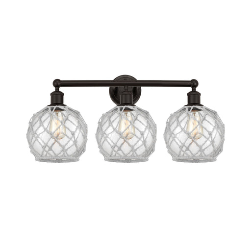 Innovations Farmhouse Rope 26in 3-Light Bath Vanity Light | Industrial Oil Rubbed Bronze Steel and Clear Glass with White Rope | Model 616-3W-OB-G122-8RW