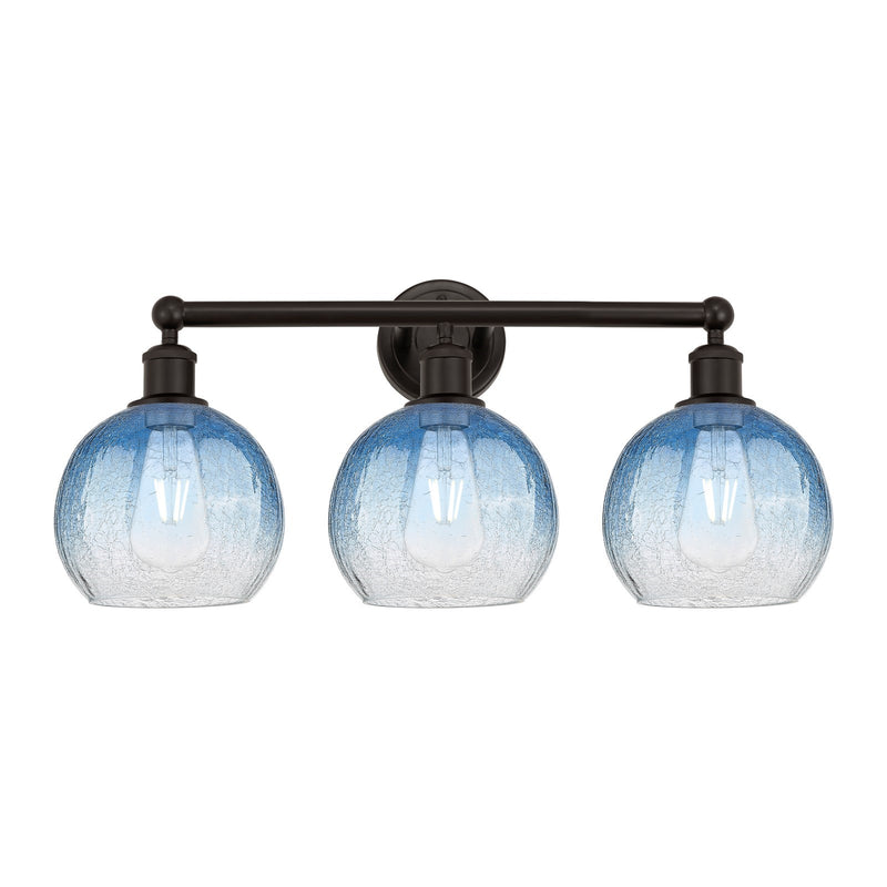 Innovations Brookhaven Globe 26in 3-Light Bath Vanity Light | Industrial Oil Rubbed Bronze Steel and Sapphire Blue Glass | Model 616-3W-OB-G483-8SB