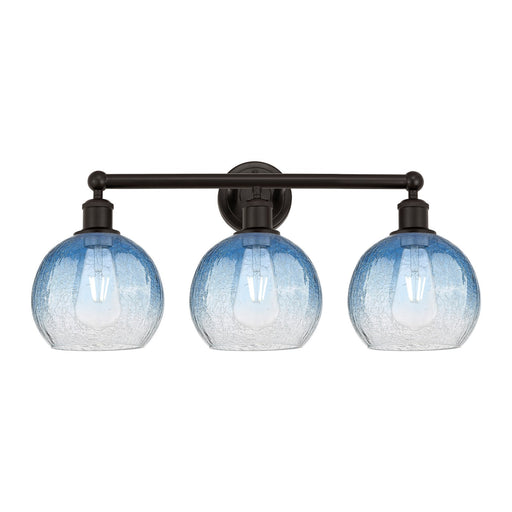 Innovations Brookhaven Globe 26in 3-Light Bath Vanity Light | Industrial Oil Rubbed Bronze Steel and Sapphire Blue Glass | Model 616-3W-OB-G483-8SB