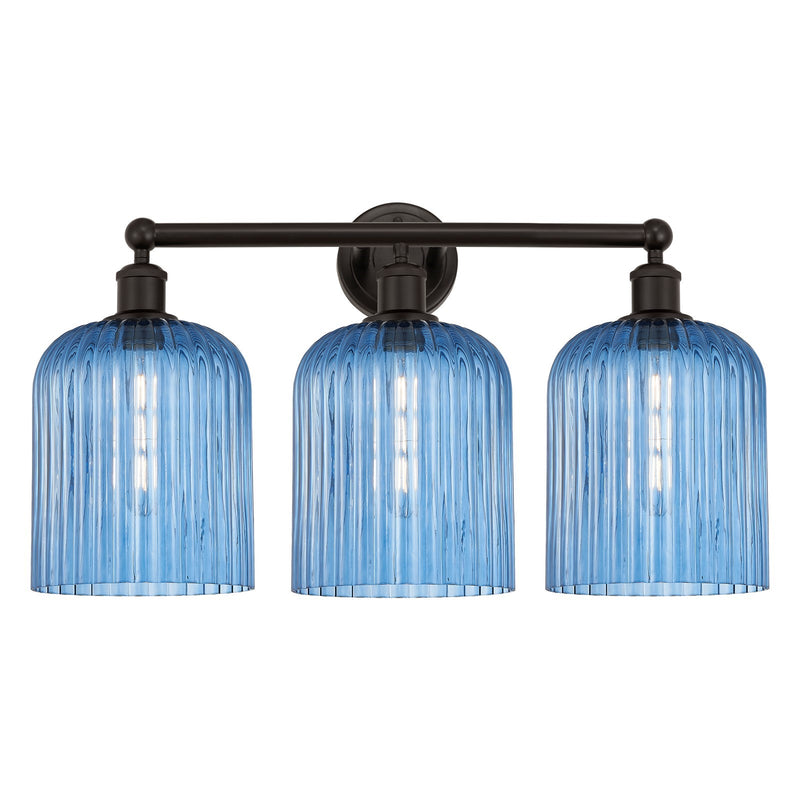 Innovations Bridal Veil 23in 3-Light Bath Vanity Light | Industrial Art Nouveau Oil Rubbed Bronze and Princess Blue Ribbed | Model 616-3W-OB-G559-8BL