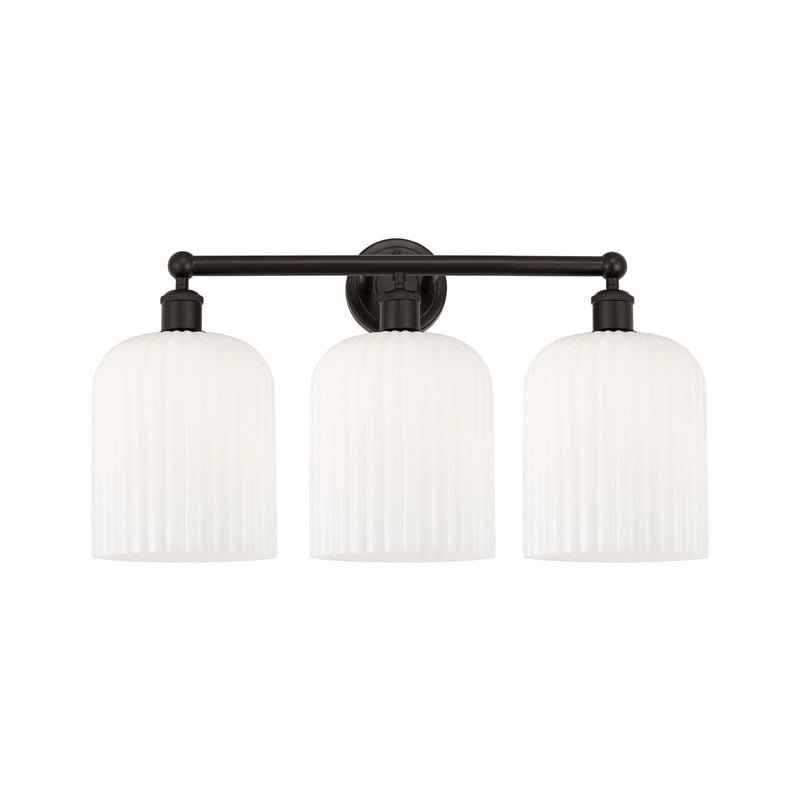 Innovations Bridal Veil 23in 3-Light Bath Vanity Light | Art Nouveau Industrial Oil Rubbed Bronze and Gloss White Ribbed Glass | Model 616-3W-OB-G559-8GWH