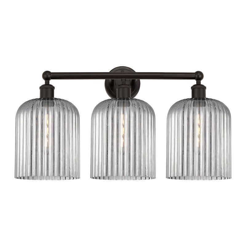 Innovations Bridal Veil 23in 3-Light Bath Vanity Light | Art Nouveau Industrial Oil Rubbed Bronze and Light Smoke Ribbed Glass | Model 616-3W-OB-G559-8SM