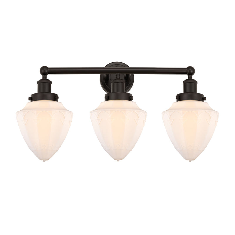 Innovations Bullet 25in 3-Light Bath Vanity Light | Industrial Oil Rubbed Bronze and Matte White Frosted Glass | Bathroom Vanity | Model 616-3W-OB-G661-7