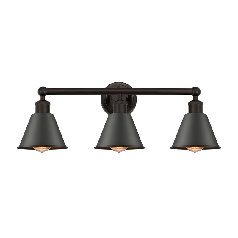 Innovations Smithfield 25in 3-Light Bath Vanity | Industrial Farmhouse Oil Rubbed Bronze Steel and Metal Cone Shades | Bathroom | Model 616-3W-OB-M8-OB
