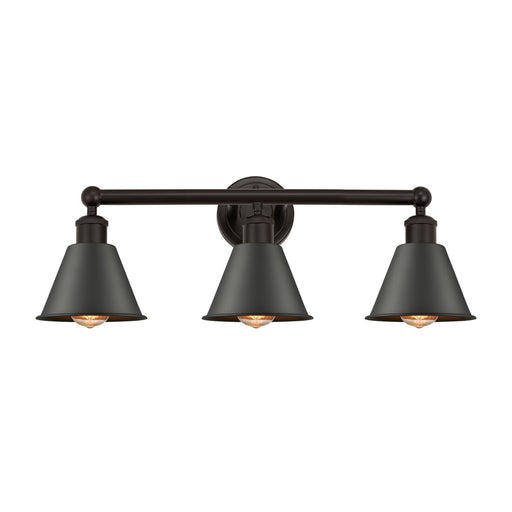 Innovations Smithfield 25in 3-Light Bath Vanity | Industrial Farmhouse Oil Rubbed Bronze Steel and Metal Cone Shades | Bathroom | Model 616-3W-OB-M8-OB