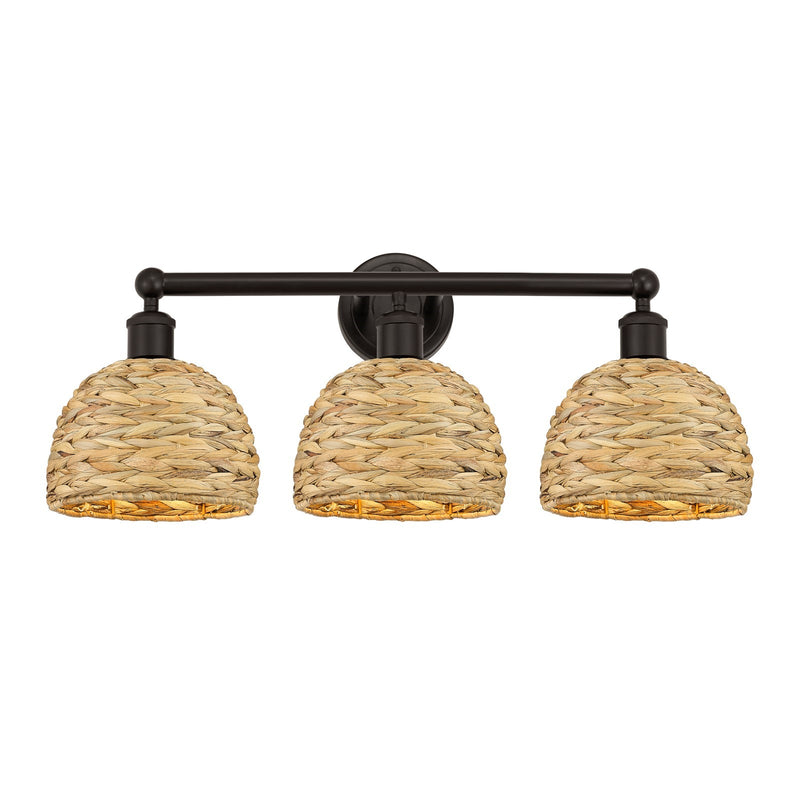 Innovations Woven Rattan 26in 3-Light Bath Vanity Light | Industrial Oil Rubbed Bronze Steel and Natural Fiber Dome Shade | Model 616-3W-OB-RBD-8-NAT