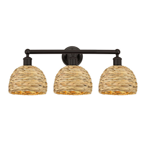 Innovations Woven Rattan 26in 3-Light Bath Vanity Light | Industrial Oil Rubbed Bronze Steel and Natural Fiber Dome Shade | Model 616-3W-OB-RBD-8-NAT