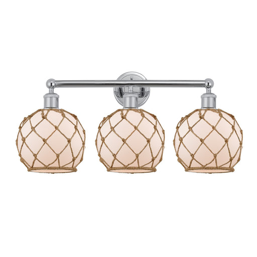 Innovations Farmhouse Rope 26in 3-Light Bath Vanity | Industrial Polished Chrome Steel and White Frosted Glass with Brown Rope | Model 616-3W-PC-G121-8RB