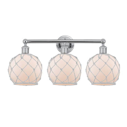 Innovations Farmhouse Rope 26in 3-Light Bath Vanity | Industrial Polished Chrome and White Frosted Glass with Rope | Bathroom | Model 616-3W-PC-G121-8RW