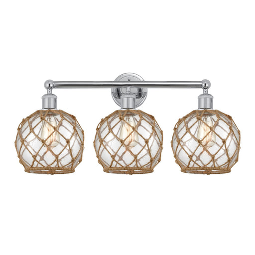 Innovations Farmhouse Rope 26in 3-Light Bath Vanity | Industrial Polished Chrome and Clear Glass with Brown Rope | Bathroom | Model 616-3W-PC-G122-8RB