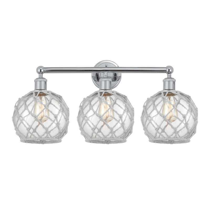 Innovations Farmhouse Rope 26in 3-Light Bath Vanity | Industrial Polished Chrome Steel and Clear Glass with White Rope | Model 616-3W-PC-G122-8RW