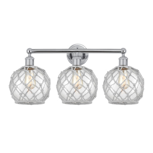 Innovations Farmhouse Rope 26in 3-Light Bath Vanity | Industrial Polished Chrome Steel and Clear Glass with White Rope | Model 616-3W-PC-G122-8RW