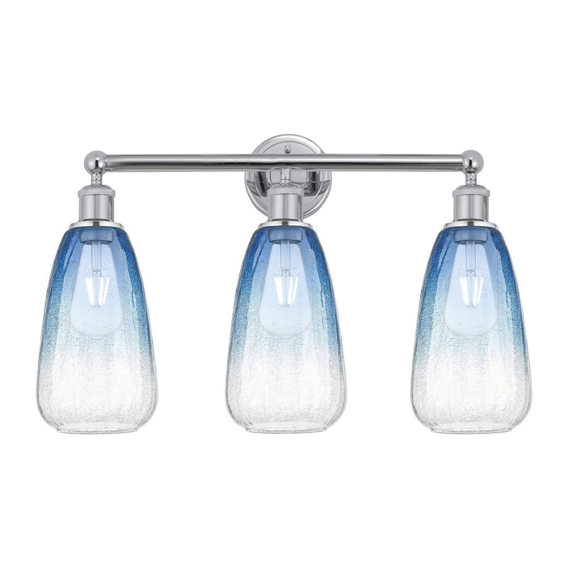 Innovations Brookhaven Almond 24in 3-Light Bath Vanity Light | Industrial Polished Chrome and Sapphire Blue Glass | Bathroom | Model 616-3W-PC-G480-6SB