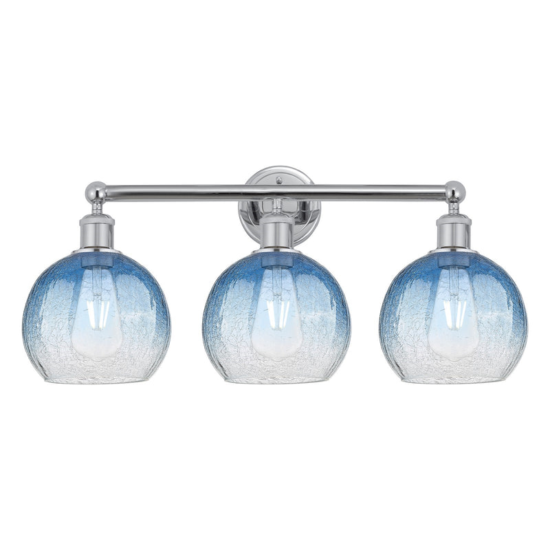Innovations Brookhaven Globe 26in 3-Light Bath Vanity Light | Industrial Polished Chrome and Sapphire Blue Glass | Bathroom | Model 616-3W-PC-G483-8SB