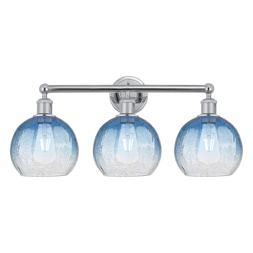 Innovations Brookhaven Globe 26in 3-Light Bath Vanity Light | Industrial Polished Chrome and Sapphire Blue Glass | Bathroom | Model 616-3W-PC-G483-8SB