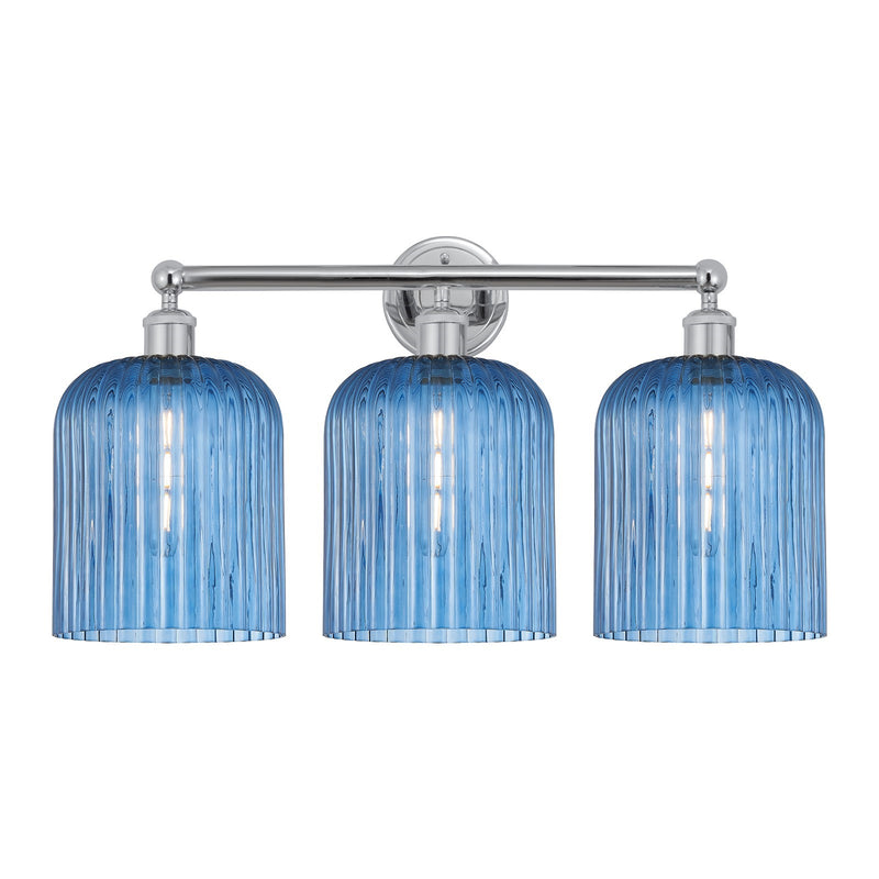 Innovations Bridal Veil 23in 3-Light Bath Vanity Light | Art Nouveau Polished Chrome and Princess Blue Ribbed Glass | Bathroom | Model 616-3W-PC-G559-8BL