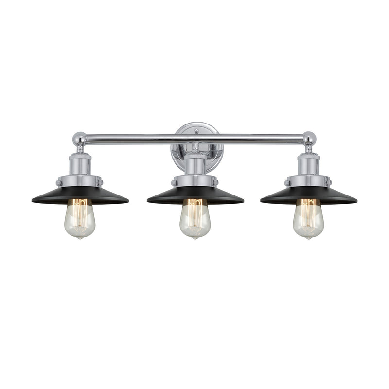 Innovations Railroad 26in 3-Light Bath Vanity Light | Industrial Polished Chrome and Matte Black Metal Shade | Bathroom Vanity | Model 616-3W-PC-M6-BK