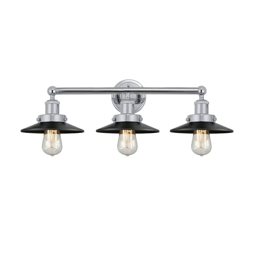 Innovations Railroad 26in 3-Light Bath Vanity Light | Industrial Polished Chrome and Matte Black Metal Shade | Bathroom Vanity | Model 616-3W-PC-M6-BK
