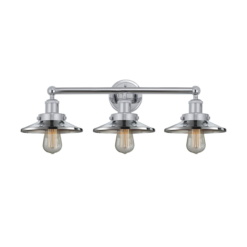 Innovations Railroad 26in 3-Light Bath Vanity Light | Industrial Polished Chrome Steel and Polished Chrome Metal Shade | Bathroom | Model 616-3W-PC-M7