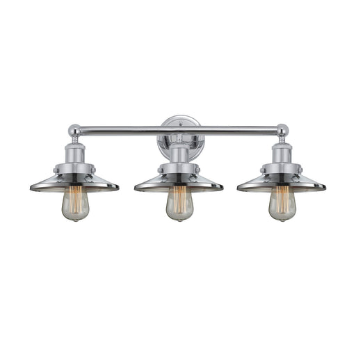 Innovations Railroad 26in 3-Light Bath Vanity Light | Industrial Polished Chrome Steel and Polished Chrome Metal Shade | Bathroom | Model 616-3W-PC-M7