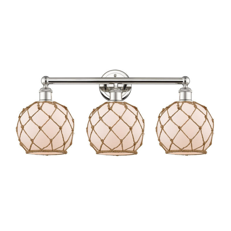 Innovations Farmhouse Rope 26in 3-Light Bath Vanity | Industrial Polished Nickel Steel and White Frosted Glass with Brown Rope | Model 616-3W-PN-G121-8RB
