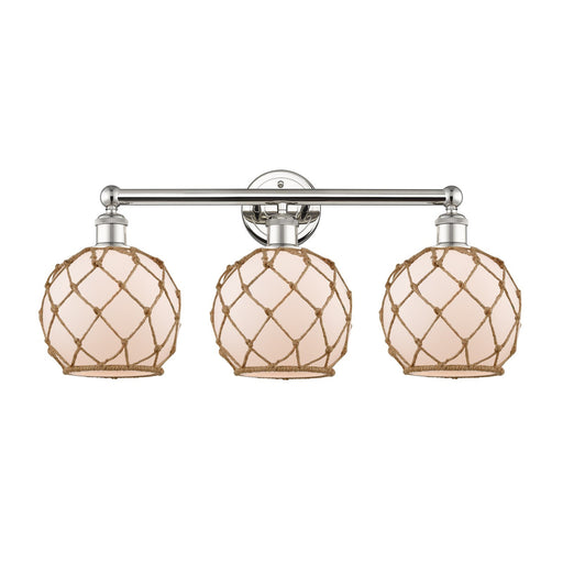 Innovations Farmhouse Rope 26in 3-Light Bath Vanity | Industrial Polished Nickel Steel and White Frosted Glass with Brown Rope | Model 616-3W-PN-G121-8RB