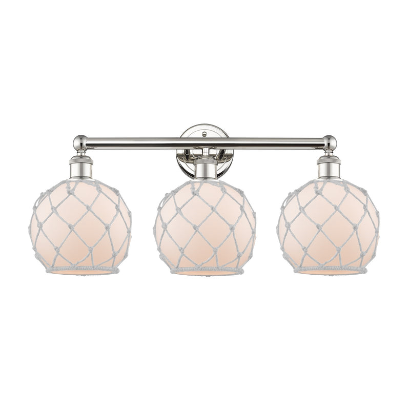 Innovations Farmhouse Rope 26in 3-Light Bath Vanity | Industrial Polished Nickel Steel and White Frosted Glass with Rope | Model 616-3W-PN-G121-8RW