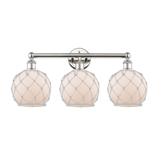 Innovations Farmhouse Rope 26in 3-Light Bath Vanity | Industrial Polished Nickel Steel and White Frosted Glass with Rope | Model 616-3W-PN-G121-8RW