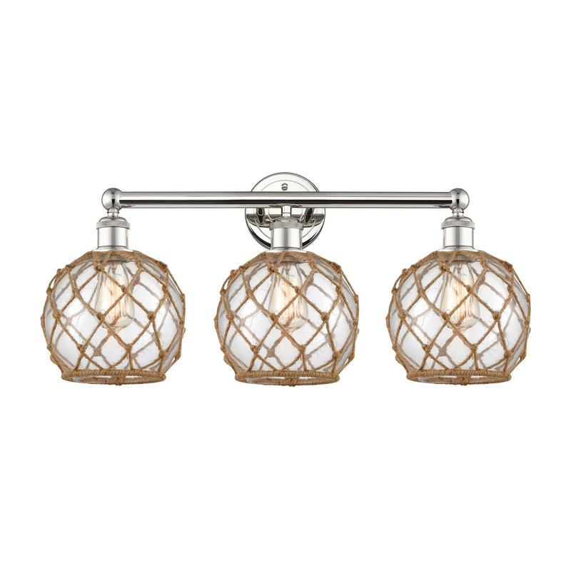 Innovations Farmhouse Rope 26in 3-Light Bath Vanity | Industrial Polished Nickel Steel and Clear Glass with Brown Rope | Model 616-3W-PN-G122-8RB