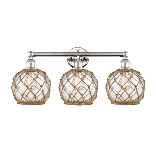 Innovations Farmhouse Rope 26in 3-Light Bath Vanity | Industrial Polished Nickel Steel and Clear Glass with Brown Rope | Model 616-3W-PN-G122-8RB