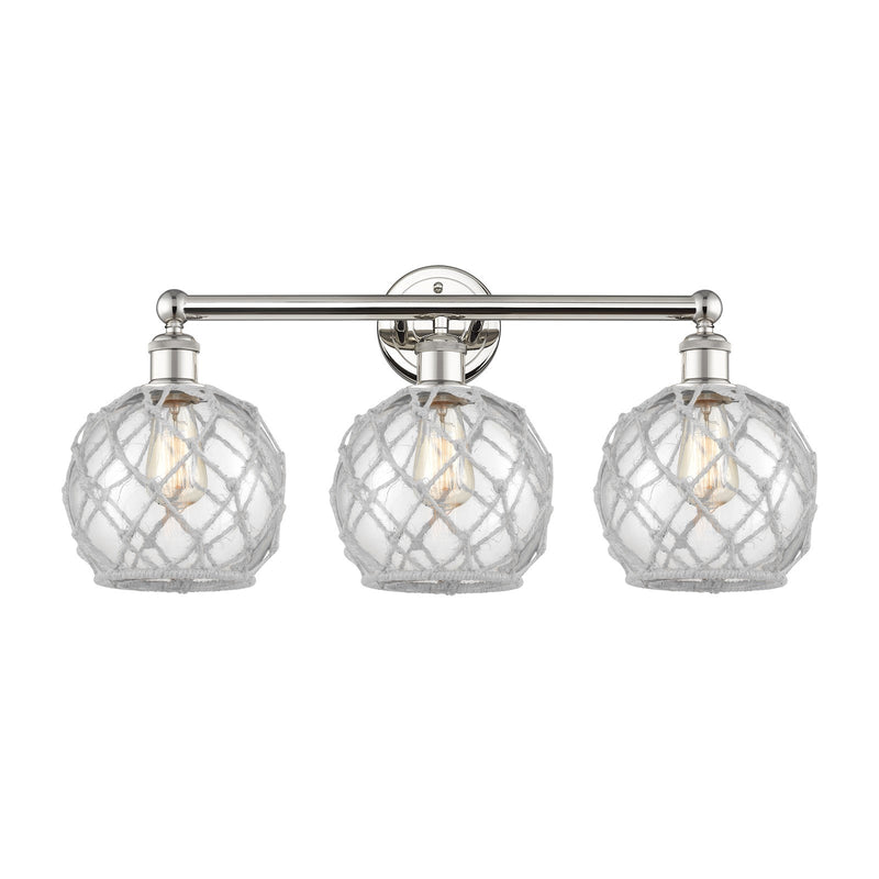 Innovations Farmhouse Rope 26in 3-Light Bath Vanity | Industrial Polished Nickel Steel and Clear Glass with White Rope | Model 616-3W-PN-G122-8RW