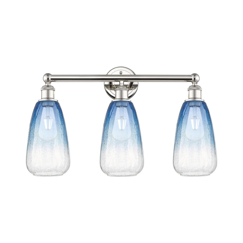 Innovations Brookhaven Almond 24in 3-Light Bath Vanity Light | Industrial Polished Nickel Steel and Sapphire Blue Glass | Model 616-3W-PN-G480-6SB