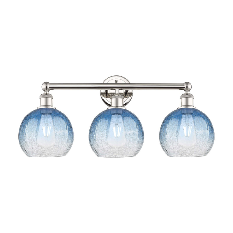 Innovations Brookhaven Globe 26in 3-Light Bath Vanity Light | Industrial Polished Nickel and Sapphire Blue Glass | Bathroom | Model 616-3W-PN-G483-8SB
