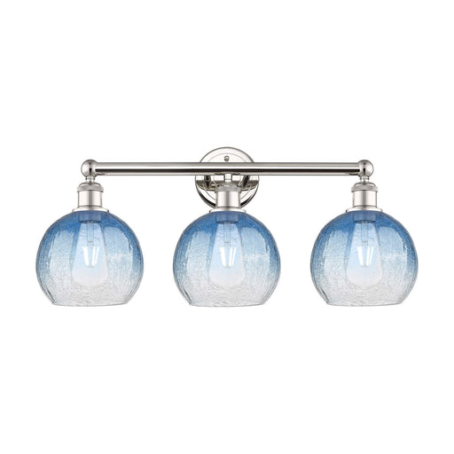 Innovations Brookhaven Globe 26in 3-Light Bath Vanity Light | Industrial Polished Nickel and Sapphire Blue Glass | Bathroom | Model 616-3W-PN-G483-8SB