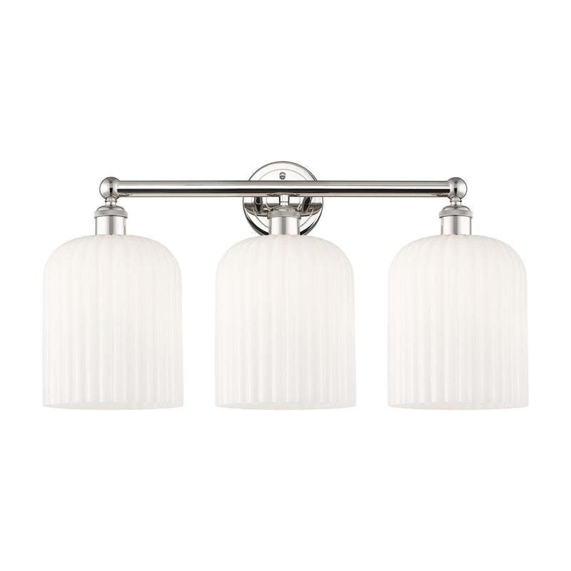 Innovations Bridal Veil 23in 3-Light Bath Vanity Light | Art Nouveau Polished Nickel and Gloss White Ribbed Glass | Bathroom | Model 616-3W-PN-G559-8GWH
