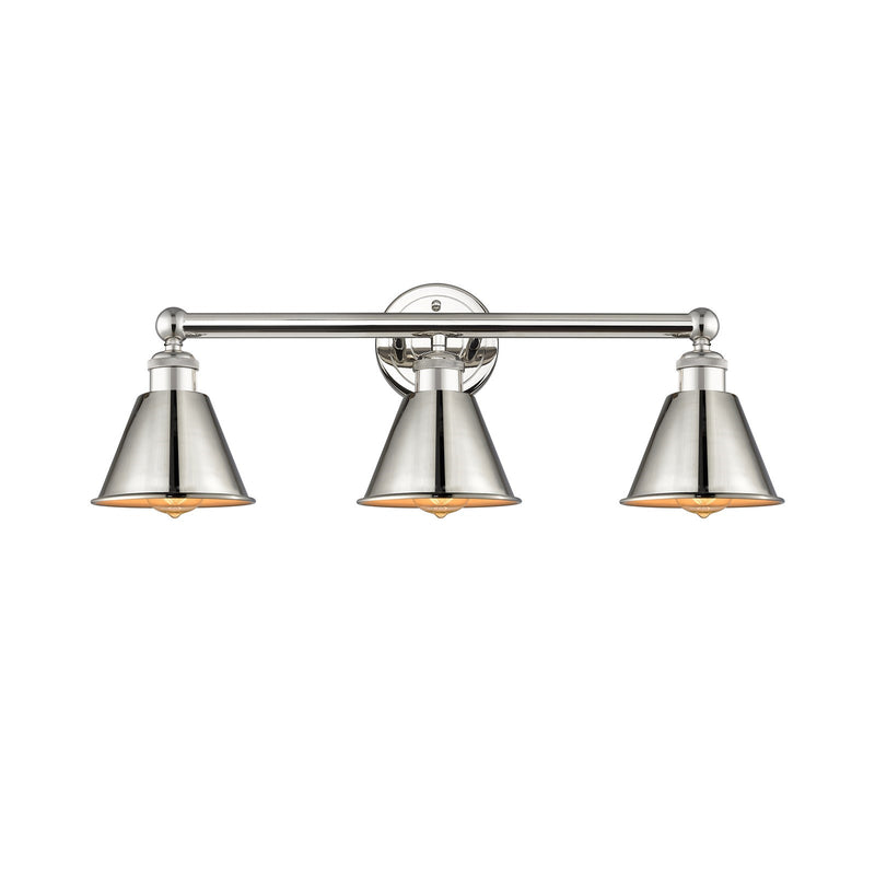 Innovations Smithfield 25in 3-Light Bath Vanity | Industrial Farmhouse Polished Nickel Steel and Metal Shades | Bathroom Vanity | Model 616-3W-PN-M8-PN