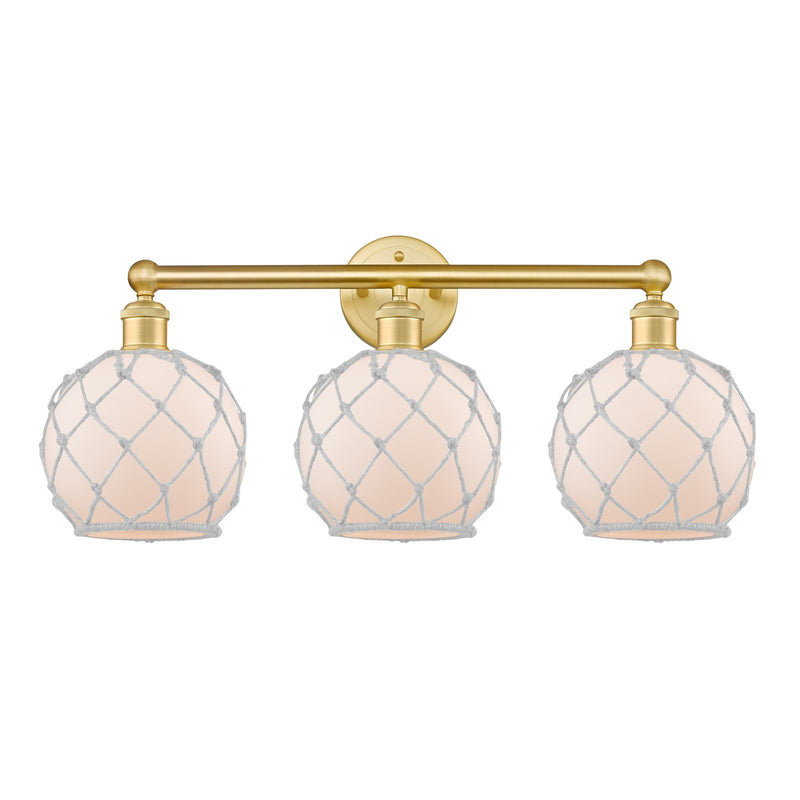 Innovations Farmhouse Rope 26in 3-Light Bath Vanity | Industrial Satin Gold Steel and Cast Brass with White Frosted Glass and | Model 616-3W-SG-G121-8RW