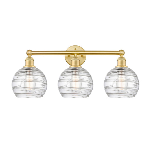 Innovations Athens Deco Swirl 26in 3-Light Bath Vanity Light | Industrial Satin Gold Steel and Cast Brass with Clear Deco | Model 616-3W-SG-G1213-8CL