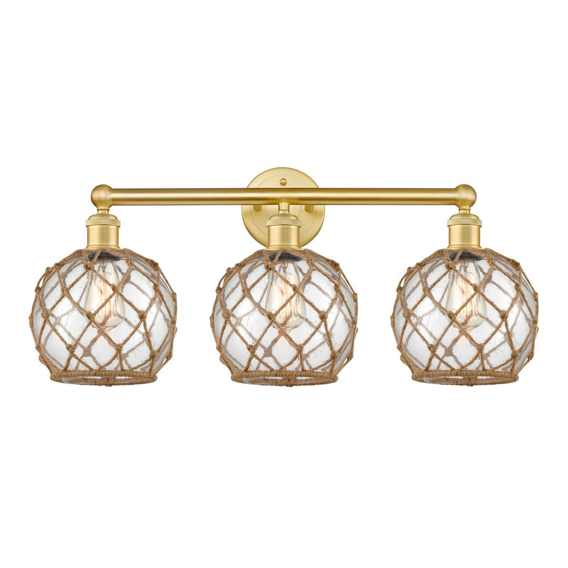 Innovations Farmhouse Rope 26in 3-Light Bath Vanity | Industrial Satin Gold Steel and Cast Brass with Clear Glass and Brown | Model 616-3W-SG-G122-8RB
