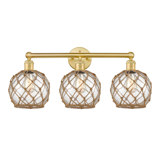 Innovations Farmhouse Rope 26in 3-Light Bath Vanity | Industrial Satin Gold Steel and Cast Brass with Clear Glass and Brown | Model 616-3W-SG-G122-8RB
