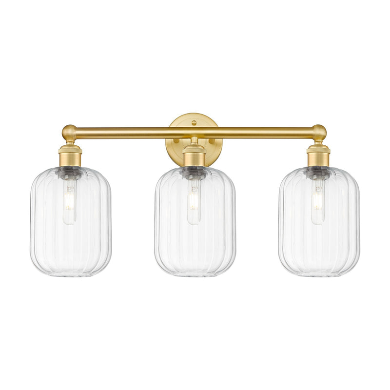 Innovations Preston Cylinder 25in 3-Light Bath Vanity | Industrial Satin Gold Steel and Clear Glass | Bathroom Vanity & Powder | Model 616-3W-SG-G460-7CL