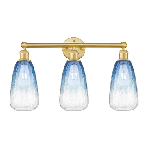 Innovations Brookhaven Almond 24in 3-Light Bath Vanity Light | Industrial Satin Gold Steel and Sapphire Blue Glass | Bathroom | Model 616-3W-SG-G480-6SB