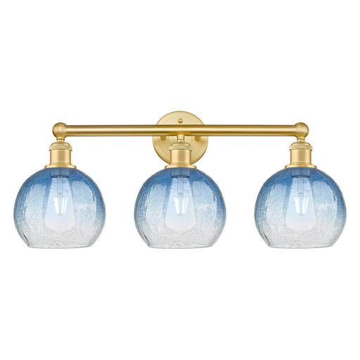 Innovations Brookhaven Globe 26in 3-Light Bath Vanity | Industrial Satin Gold Steel and Sapphire Blue Glass | Bathroom & Powder | Model 616-3W-SG-G483-8SB