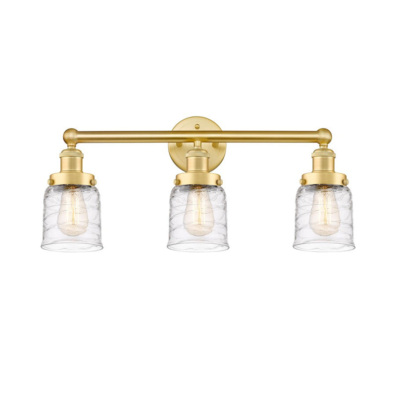 Innovations Edison Small Bell 25in 3-Light Bath Vanity Light | Art Nouveau Satin Gold Steel and Clear Deco Swirl Glass | Bathroom & | Model 616-3W-SG-G513