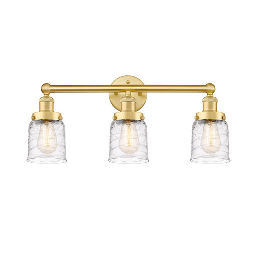 Innovations Edison Small Bell 25in 3-Light Bath Vanity Light | Art Nouveau Satin Gold Steel and Clear Deco Swirl Glass | Bathroom & | Model 616-3W-SG-G513