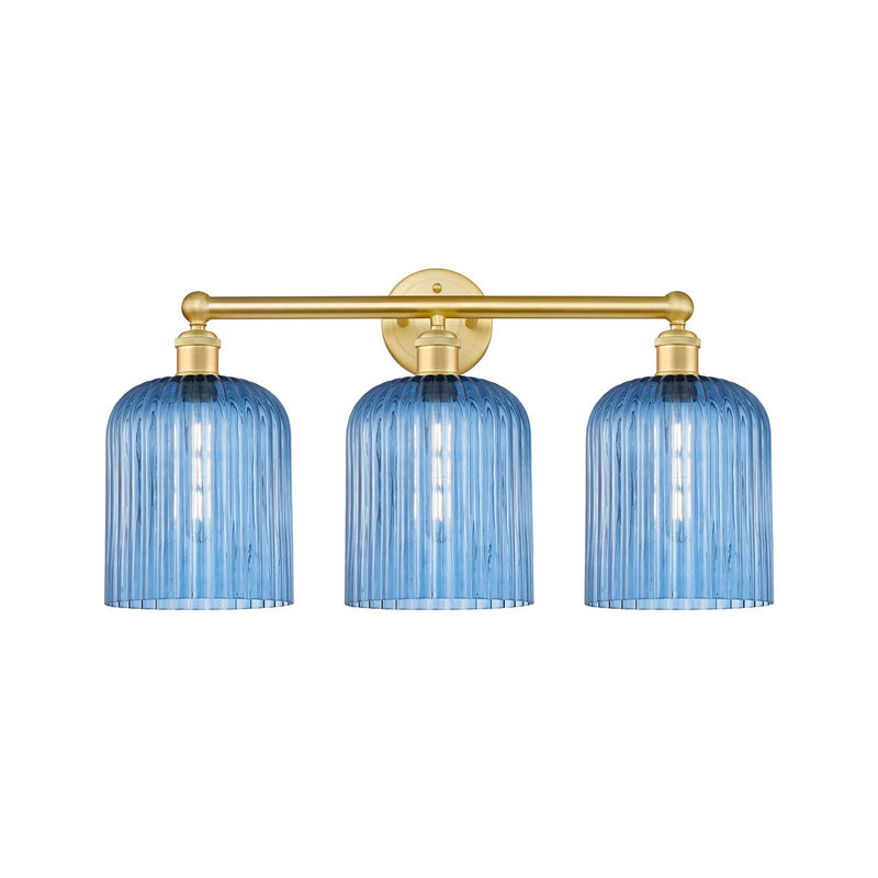 Innovations Bridal Veil 23in 3-Light Bath Vanity Light | Art Nouveau Satin Gold Steel and Princess Blue Ribbed Glass | Bathroom | Model 616-3W-SG-G559-8BL