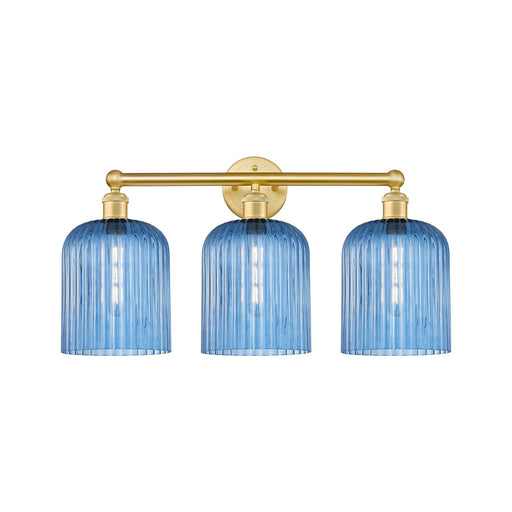 Innovations Bridal Veil 23in 3-Light Bath Vanity Light | Art Nouveau Satin Gold Steel and Princess Blue Ribbed Glass | Bathroom | Model 616-3W-SG-G559-8BL